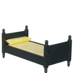 Black Dollhouse Miniature Twin Bed with Yellow Linens