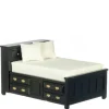 Black Dollhouse Miniature Double Bed with Drawers