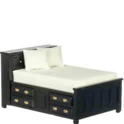Black Dollhouse Miniature Double Bed with Drawers