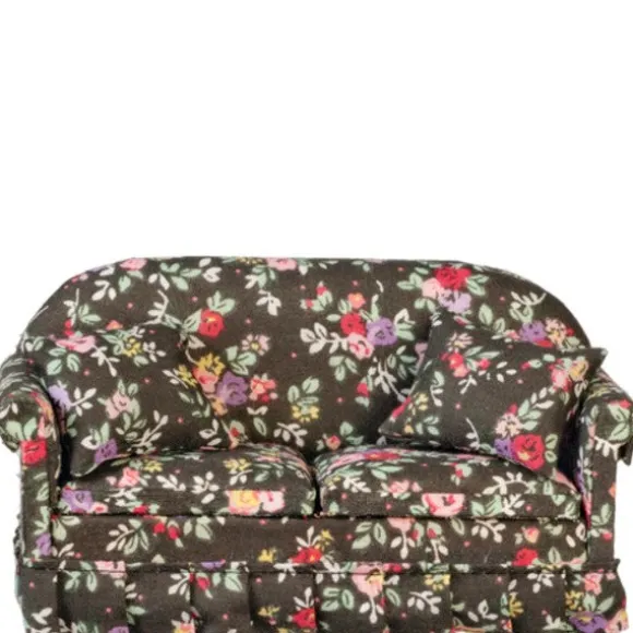Black Floral Dollhouse Miniature Sofa