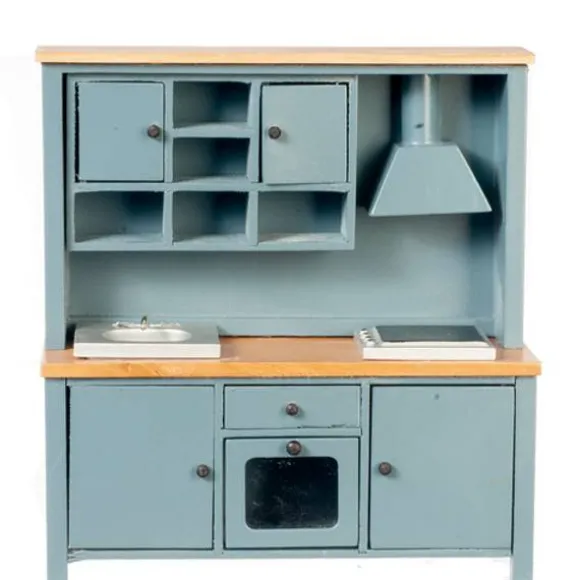 Blue & Oak Dollhouse Miniature Kitchen Stove, Sink & Cabinets