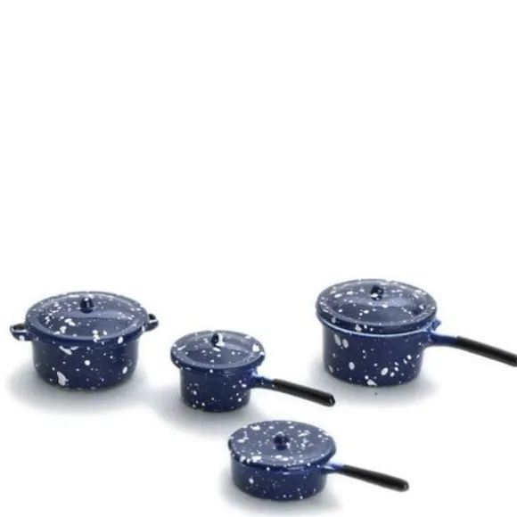 Blue Spatterware Dollhouse Miniature Pot Set
