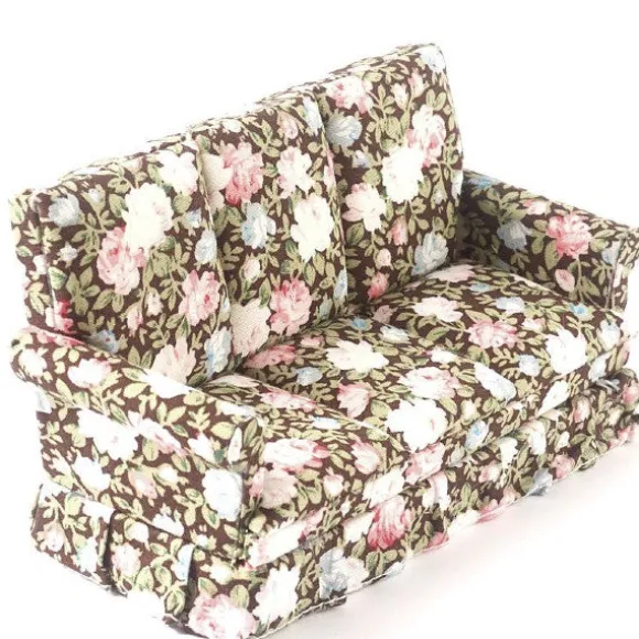 Brown Floral Dollhouse Miniature Sofa
