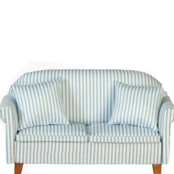 Dollhouse Miniature Blue Stripe Sofa with Pillows