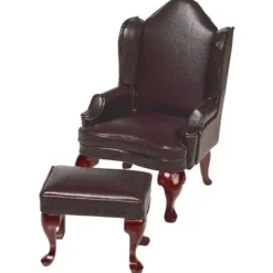 Dollhouse Miniature Brown Leather Wing Chair & Ottoman