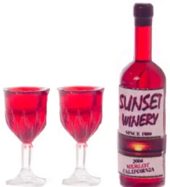Dollhouse Miniature Red Wine with Two Glasses
