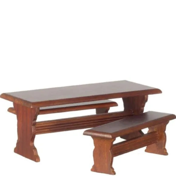 Dollhouse Miniature Table with Two Benches