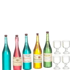 Dollhouse Miniature Wine & Champagne Bottles with Glasses
