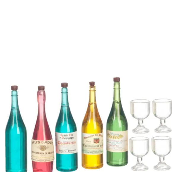 Dollhouse Miniature Wine & Champagne Bottles with Glasses