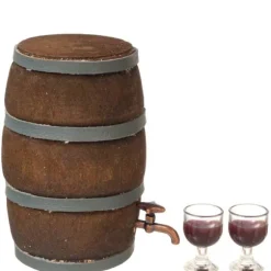 Dollhouse Miniature Wine Barrel with Glasses