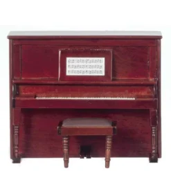 Mahogany Dollhouse Miniature Upright Piano with Bench