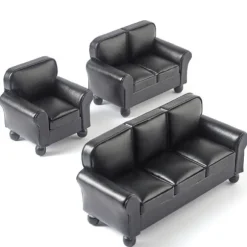 3-Piece Black Leather Dollhouse Miniature Living Room Set