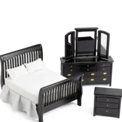 3-Piece Black Slat Dollhouse Miniature Bedroom Set