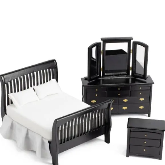 3-Piece Black Slat Dollhouse Miniature Bedroom Set