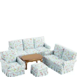 5-Piece Blue Floral Dollhouse Miniature Living Room Set