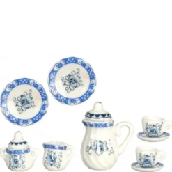 11-Piece Blue Floral Dollhouse Miniature Tea Set