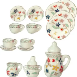17-Piece Bright Floral Porcelain Dollhouse Miniature Tea Set