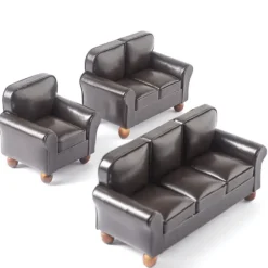 3-Piece Brown Leather Dollhouse Miniature Living Room Set