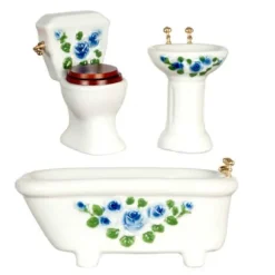 3-Piece Dollhouse Miniature Blue Floral Bathroom Set