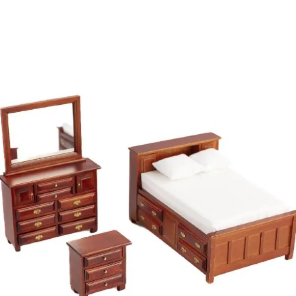 3-Piece Mahogany Dollhouse Miniature Bedroom Set