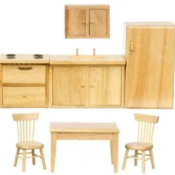 7-Piece Oak Dollhouse Miniature Kitchen Set