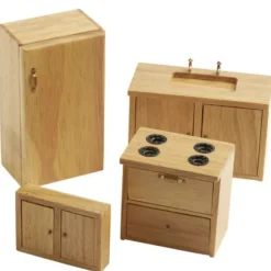 4-Piece Oak Dollhouse Miniature Modern Kitchen Set