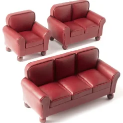 3-Piece Red Leather Dollhouse Miniature Living Room Set