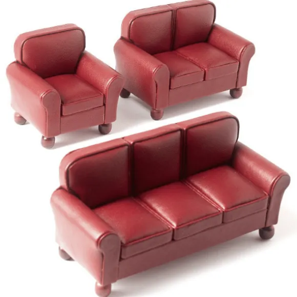 3-Piece Red Leather Dollhouse Miniature Living Room Set
