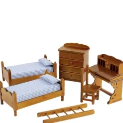 3-Piece Walnut Dollhouse Miniature Bunkbed Set