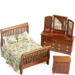 3-Piece Walnut Slat Dollhouse Miniature Bedroom Set