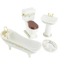 4-Piece White & Green Floral Porcelain Dollhouse Miniature Bathroom Set