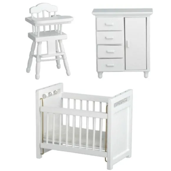 3-Piece White Dollhouse Miniature Nursery Set