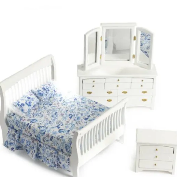 3-Piece White Slat Dollhouse Miniature Bedroom Set