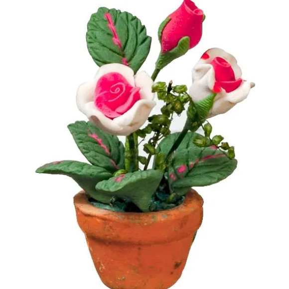 Pink & White Dollhouse Miniature Roses in a Pot