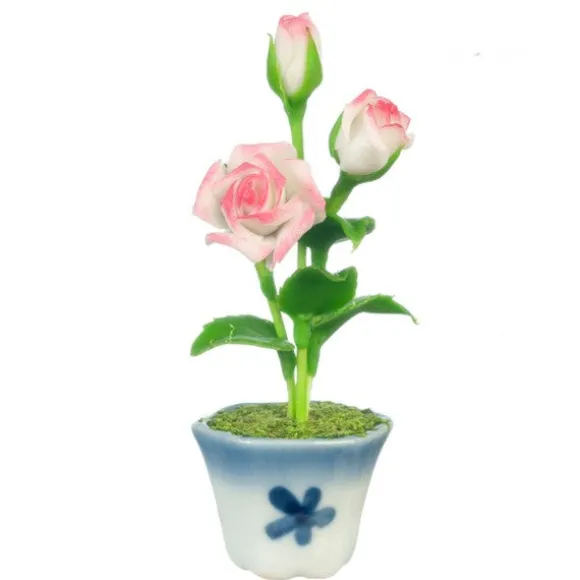 Pink & White Dollhouse Miniature Roses In A Pot