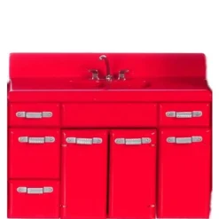 Red Dollhouse Miniature Double Kitchen Sink with Cabinets