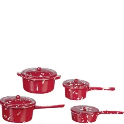 Red Spatter Dollhouse Miniature Pots & Pans