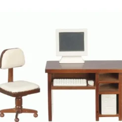 Walnut Dollhouse Miniature Computer Desk Set
