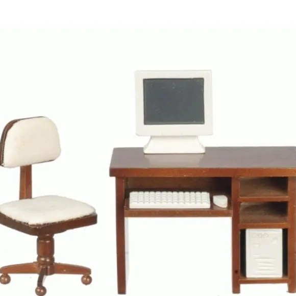 Walnut Dollhouse Miniature Computer Desk Set