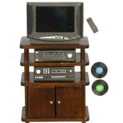 Walnut Dollhouse Miniature Entertainment Center with Accessories
