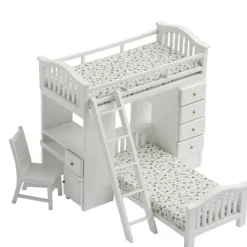 White Dollhouse Miniature Bunk Bed with Chair