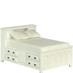 White Dollhouse Miniature Double Bed with Drawers