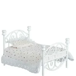 White Metal Dollhouse Miniature Double Bed
